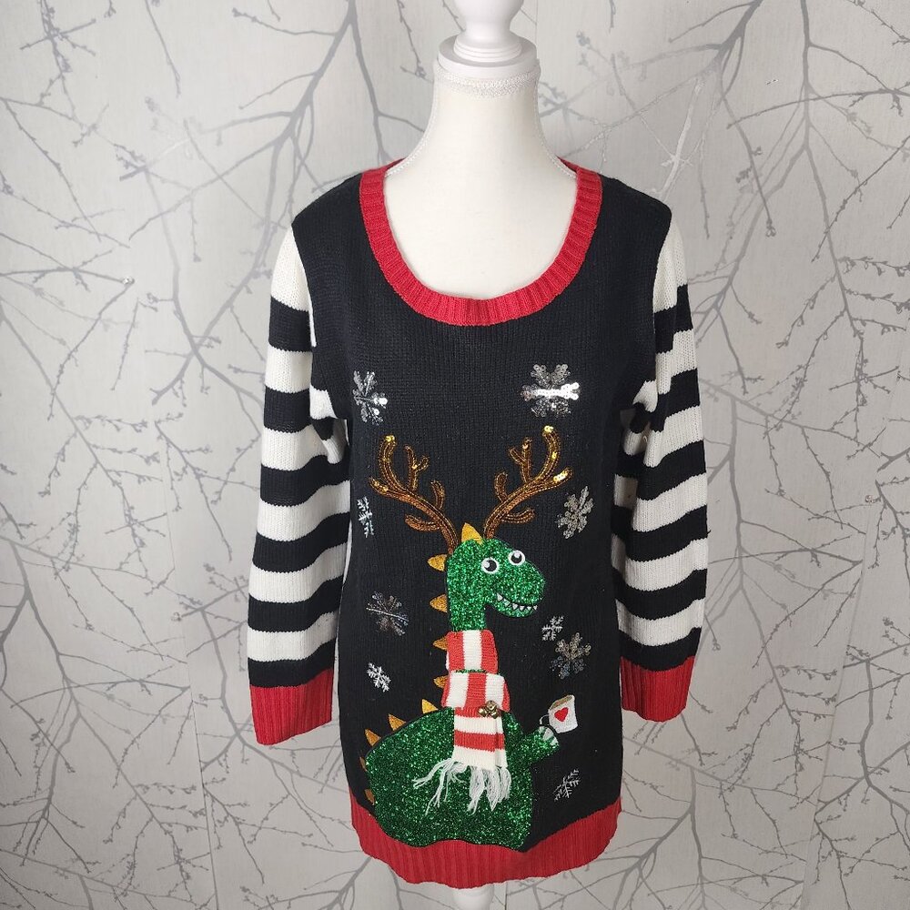 Urban Heritage Happy Holidays Sparkly Dinosaur Tunic Sweater